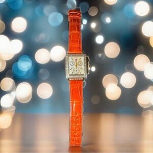 🆕💕MICHELE Watch 18mm Genuine Alligator Strap Band ORANGE • Silver-Tone Hardware
